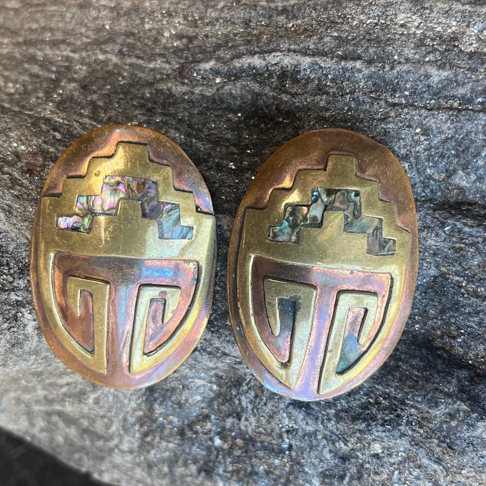 Vintage artisan handcrafted copper brass and abalone XL Scarab earrings 2”